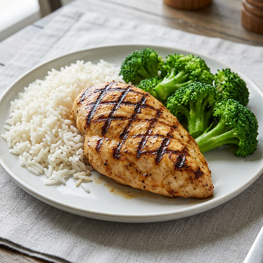 Chicken, rice and broccoli before portion adjustment